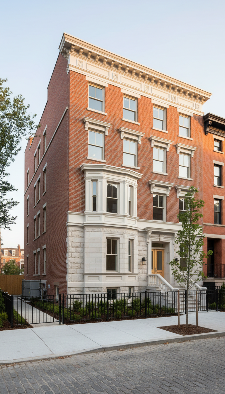A meticulously restored brick and stone building with fresh, neutral-toned exterior paint and clean architectural details, standing prominently in a tidy urban neighborhood. The property is surrounded by neatly trimmed shrubs and a contemporary black metal fence, reflecting both history and modern updates. Soft afternoon sunlight bathes the building, accentuating textures and casting gentle, balanced shadows across the façade. The mood is professional and revitalized, evoking a sense of opportunity and potential. Captured from a low, slightly angled perspective with a sharp, wide depth of field, the composition highlights structure and quality craftsmanship. The style is photographic realism with a clean, corporate feel, designed to convey expertise in property transformation for a real estate investment audience.