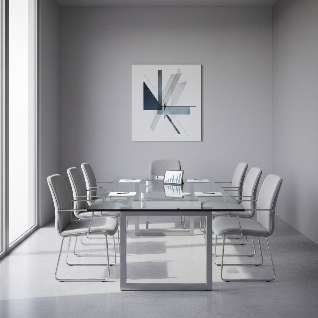 A minimalistic, modern office interior featuring a sleek glass-topped conference table with brushed steel accents set within a spacious, sunlit room. The walls are painted in subtle, neutral gray tones, adorned only with a simple geometric abstract art piece that adds sophistication without distraction. Gentle, diffuse daylight streams in from tall, floor-to-ceiling windows, casting elegant, soft-edged shadows and creating a calm, focused atmosphere. The table sits centrally in the composition, with symmetrical balance and sharp focus, capturing the essence of strategic planning and professional vision. The overall tone is clean and polished, reflecting the business’s commitment to high standards and transparency in real estate investment.