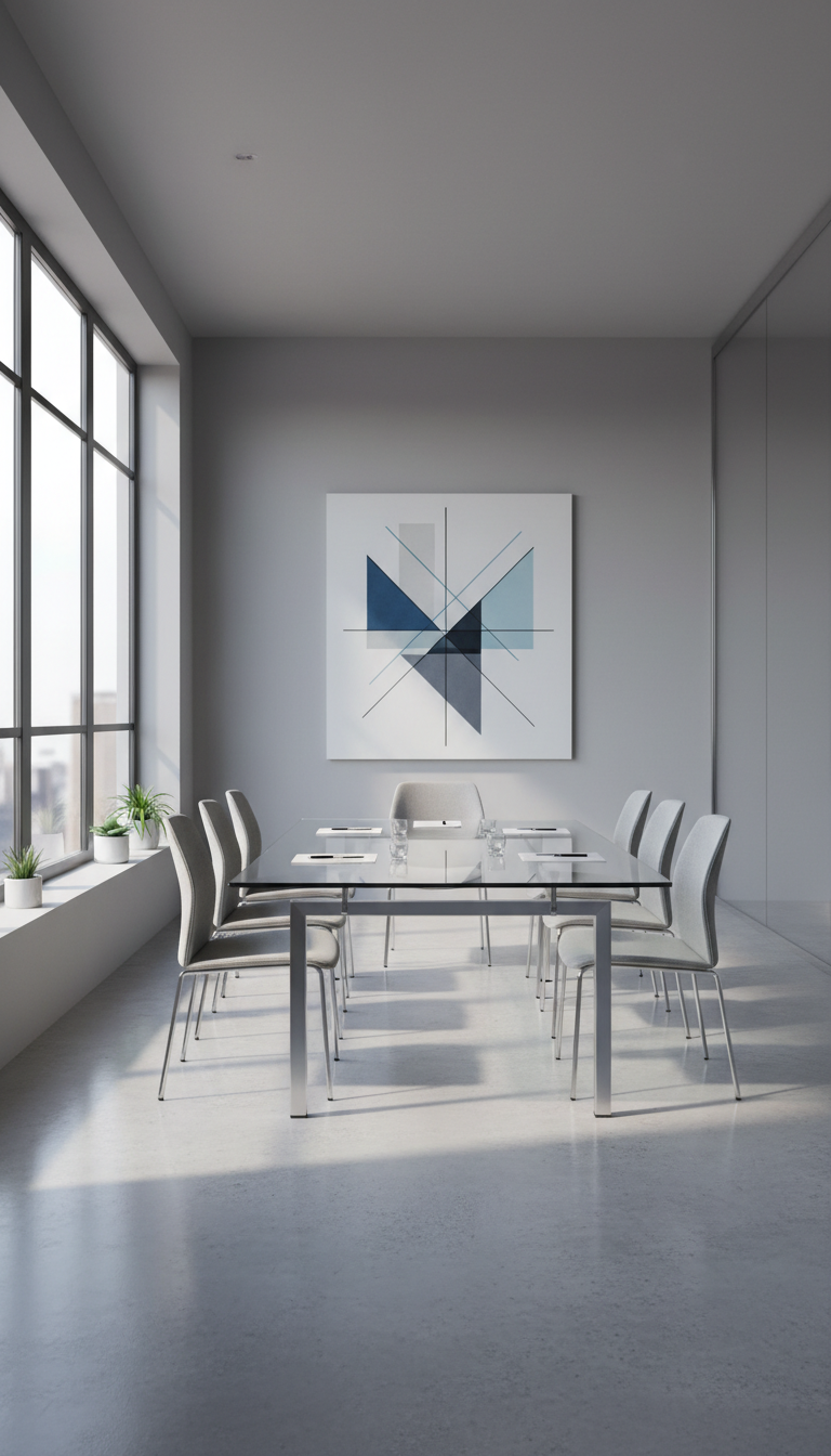 A minimalistic, modern office interior featuring a sleek glass-topped conference table with brushed steel accents set within a spacious, sunlit room. The walls are painted in subtle, neutral gray tones, adorned only with a simple geometric abstract art piece that adds sophistication without distraction. Gentle, diffuse daylight streams in from tall, floor-to-ceiling windows, casting elegant, soft-edged shadows and creating a calm, focused atmosphere. The table sits centrally in the composition, with symmetrical balance and sharp focus, capturing the essence of strategic planning and professional vision. The overall tone is clean and polished, reflecting the business’s commitment to high standards and transparency in real estate investment.