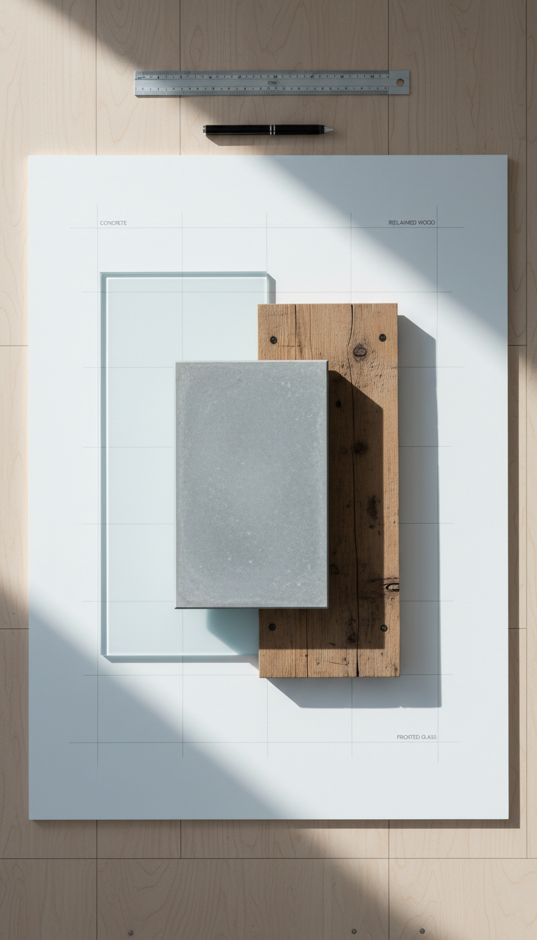 A carefully arranged vignette showing a set of three architectural material samples—smooth concrete, warm reclaimed wood, and sleek frosted glass—positioned on a matte white presentation board atop a large drafting table. The samples overlap slightly, highlighting texture differences and a methodical design process. Soft, cool daylight streams in from the side, casting gentle, directional shadows and enhancing tactile qualities. The overall composition is neat and grid-aligned, shot from a directly overhead, bird’s-eye perspective, providing a clear, analytical view. The mood is innovative yet disciplined, perfectly aligned with the clean, structured, and high-quality appearance valued by a real estate investment firm focused on property revitalization.