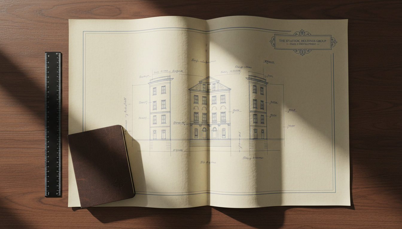 A vintage architectural blueprint laid flat on a smooth, dark walnut desk, the crisp, textured paper contrasting with the clean grain of the wood. Next to the blueprint sits a matte black metal ruler and a closed leather-bound notebook, symbolizing careful analysis and planning. Overhead, concentrated daylight from a nearby window creates distinct highlights across the paper and subtle shadows that emphasize the meticulous nature of the work. The scene is sharply focused with the blueprint centered in the frame, evoking analytical rigor and strategic preparation. The mood is contemplative, precise, and quietly ambitious, matching the structured, photographic, and professional aesthetic of a forward-thinking real estate investment group.