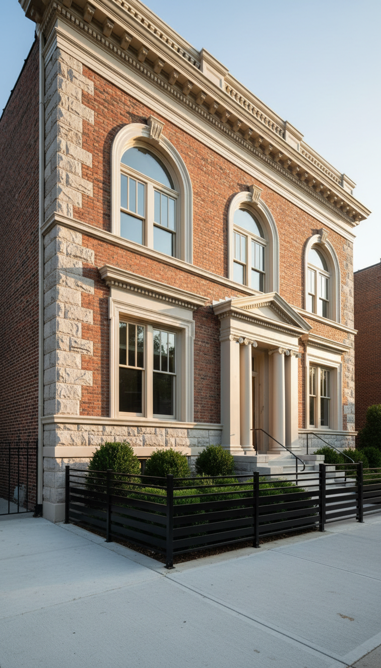A meticulously restored brick and stone building with fresh, neutral-toned exterior paint and clean architectural details, standing prominently in a tidy urban neighborhood. The property is surrounded by neatly trimmed shrubs and a contemporary black metal fence, reflecting both history and modern updates. Soft afternoon sunlight bathes the building, accentuating textures and casting gentle, balanced shadows across the façade. The mood is professional and revitalized, evoking a sense of opportunity and potential. Captured from a low, slightly angled perspective with a sharp, wide depth of field, the composition highlights structure and quality craftsmanship. The style is photographic realism with a clean, corporate feel, designed to convey expertise in property transformation for a real estate investment audience.