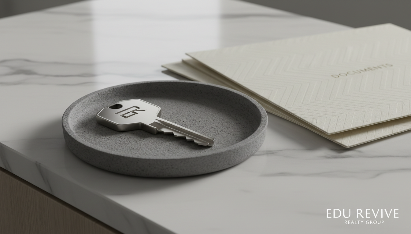 A tasteful still life of a contemporary investment property key presented on a slate-gray ceramic tray, set atop a minimalist marble countertop with clean, crisp edges. Behind the tray, a softly blurred stack of high-quality, embossed folders hints at careful documentation and diligence. Soft overhead lighting creates controlled highlights and subtle, diffuse reflections on the key, with gentle shadows adding dimension. The composition uses the rule of thirds, capturing the key as the focal point while retaining a sense of depth and order. The overall feel is confident and polished, with a photographic and corporate-leaning style, underscoring the professionalism and trustworthiness of Edu Revive Realty Group.
